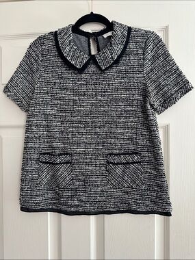 Anthropologie 9-H15 Stcl Textured Black & White Tweed Peter Pan Collar Top